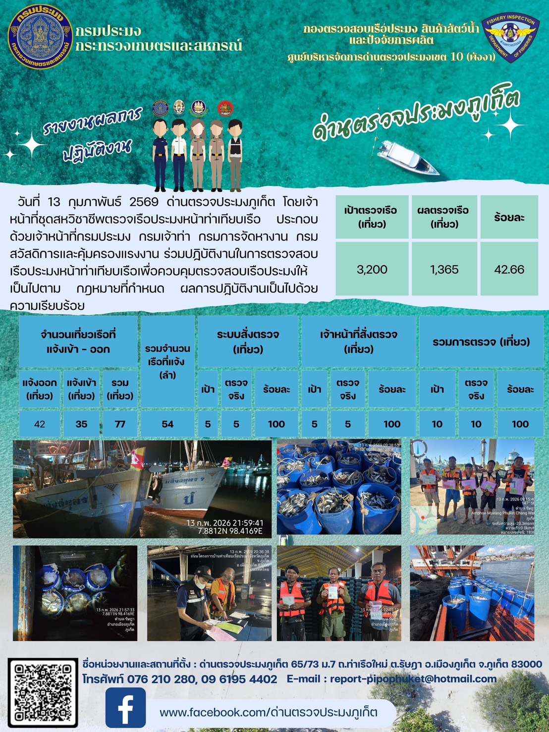 ข่าวประชาสัมพันธ์กิจกรรมการตรวจเรือประมงพาณิชย์แจ้งเข้า - ออก วันที่  13 กุมภาพันธ์ 2569