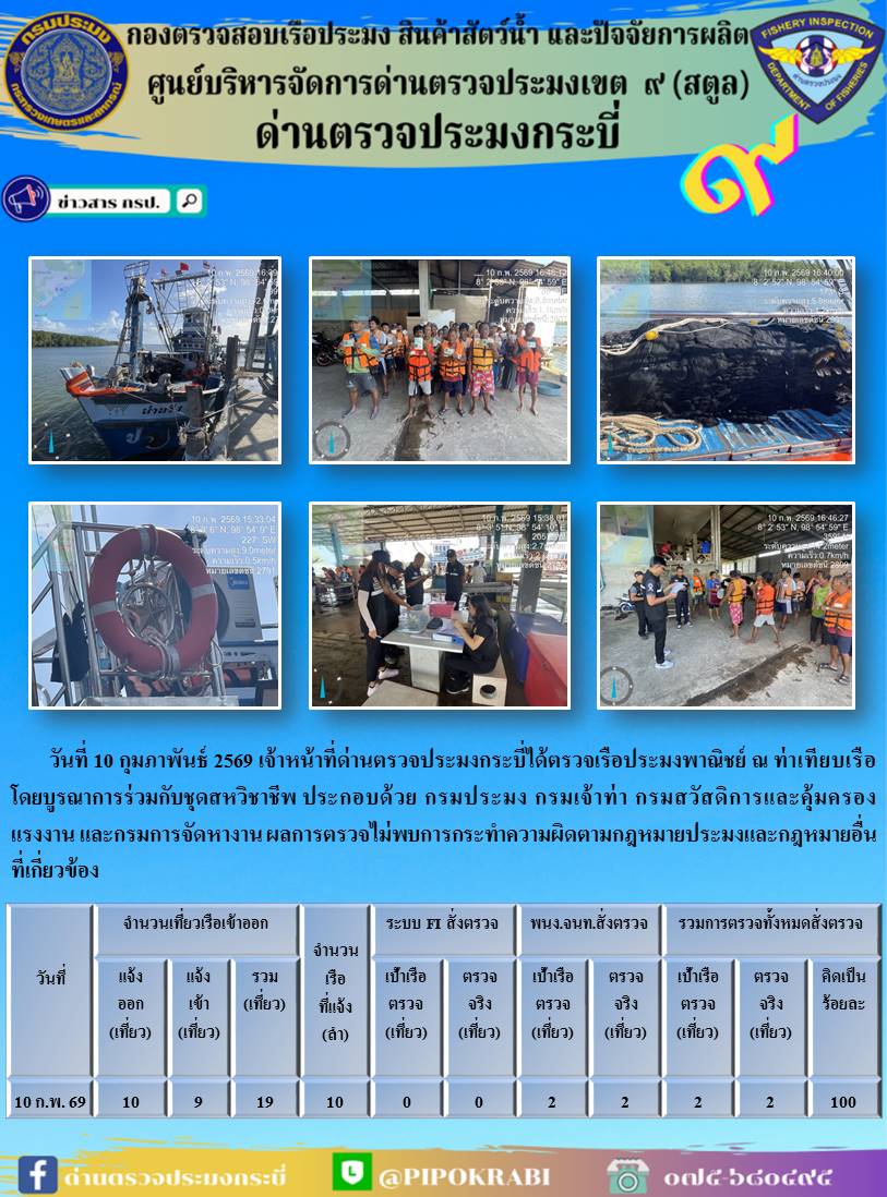 ประชาสัมพันธ์การปฏิบัติงานศูนย์บริหารจัดการด่านตรวจประมงเขต 9 (สตูล) ประจำวันที่ 6 - 10 กุมภาพันธ์ 2569..คลิก