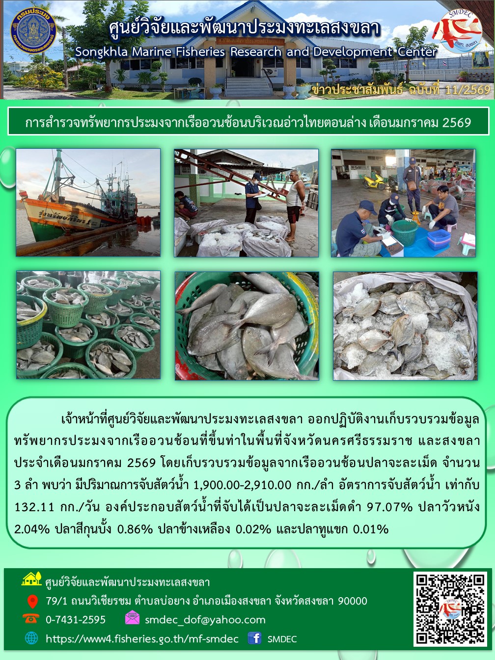 เจ้าหน้าที่ศูนย์วิจัยและพัฒนาประมงทะเลสงขลา ออกปฏิบัติงานเก็บรวบรวมข้อมูลทรัพยากรประมงจากเรืออวนช้อนที่ขึ้นท่าในพื้นที่จังหวัดนครศรีธรรมราช และสงขลา ประจำเดือนมกราคม 2569 