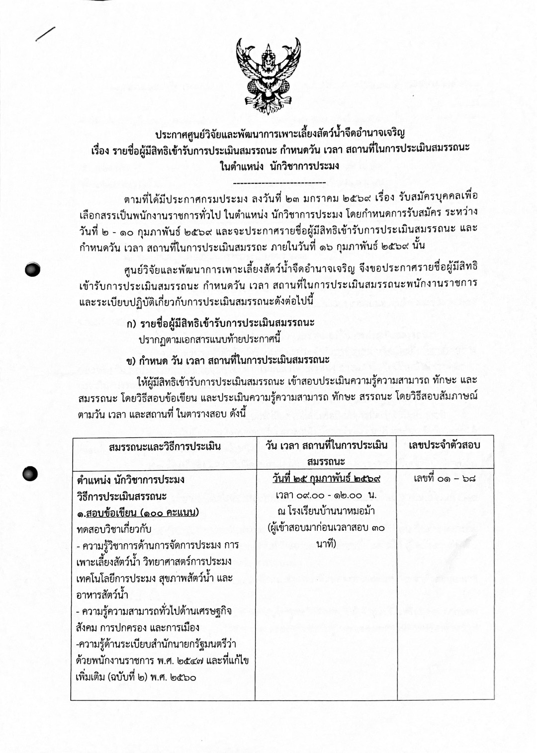 ประกาศรายชื่อผู้มีสิทธิเข้ารับการประเมินสมรรถนะ กำหนดวัน เวลา สถานที่ในการประเมินสมรรถนะ ในตำแหน่ง นักวิชาการประมง