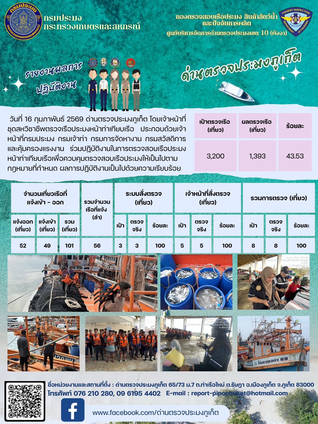 ข่าวประชาสัมพันธ์กิจกรรมการตรวจเรือประมงพาณิชย์แจ้งเข้า - ออก วันที่  16 กุมภาพันธ์ 2569..คลิก