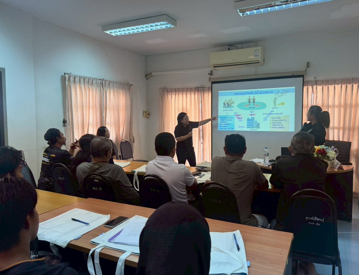 ติดตามการดำเนินงานกิจกรรมย่อยส่งเสริมการเพาะเลี้ยงสัตว์น้ำชนิดที่ใกล้สูญพันธุ์เพื่อการส่งออก ณ ณ ศูนย์วิจัยและพัฒนาการเพาะเลี้ยงสัตว์น้ำจืดปัตตานี และฟาร์มเพาะพันธุ์ปลากระดี่มุก ปุณยนุชฟาร์ม จังหวัดปัตตานี