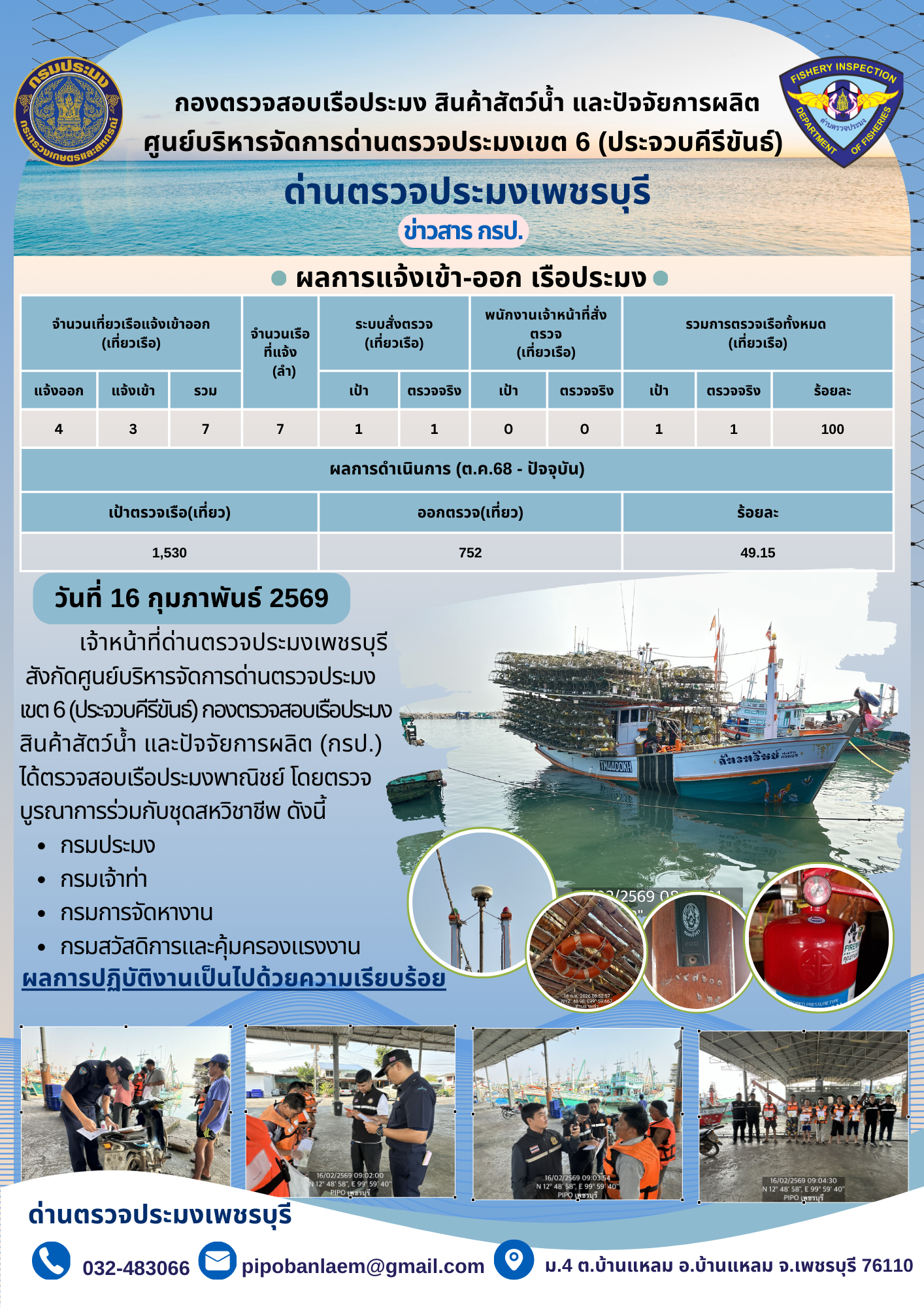 ตรวจสอบเรือประมงพาณิชย์ ณ ท่าเทียบเรือประมง