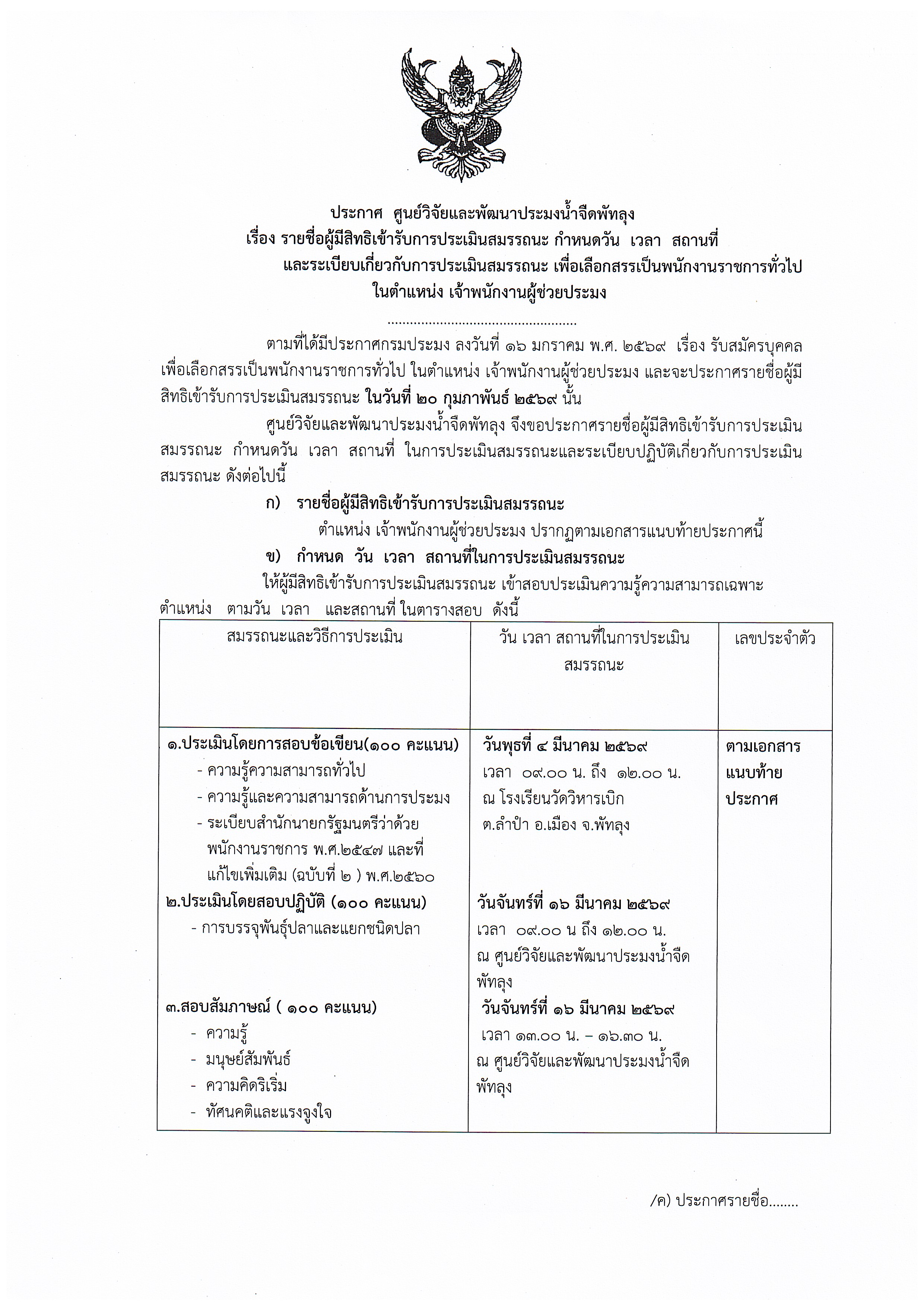รายชื่อผู้มีสิทธิเข้ารับการประเมินสมรรถนะ ตำแหน่งเจ้าพนักงานผู้ช่วยประมง..คลิก