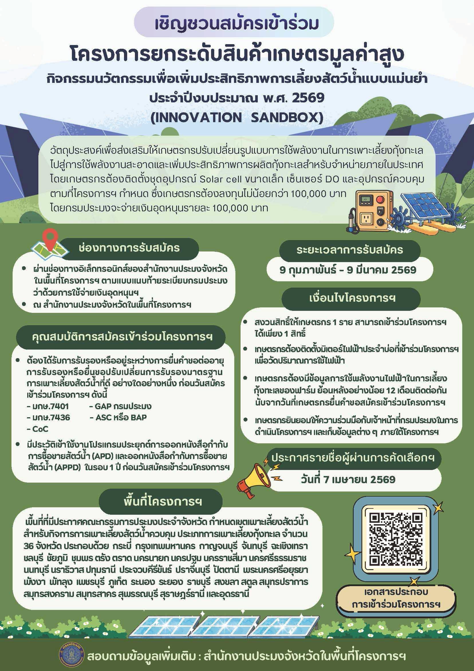 สำนักงานประมงจังหวัดสมุทรปราการขอเชิญชวนเกษตรกรผู้เลี้ยงกุ้งทะเลร่วมยกระดับการเลี้ยงกุ้งด้วย นวัตกรรมพลังงานสะอาด เพิ่มประสิทธิภาพการผลิต และเป็นมิตรต่อสิ่งแวดล้อม