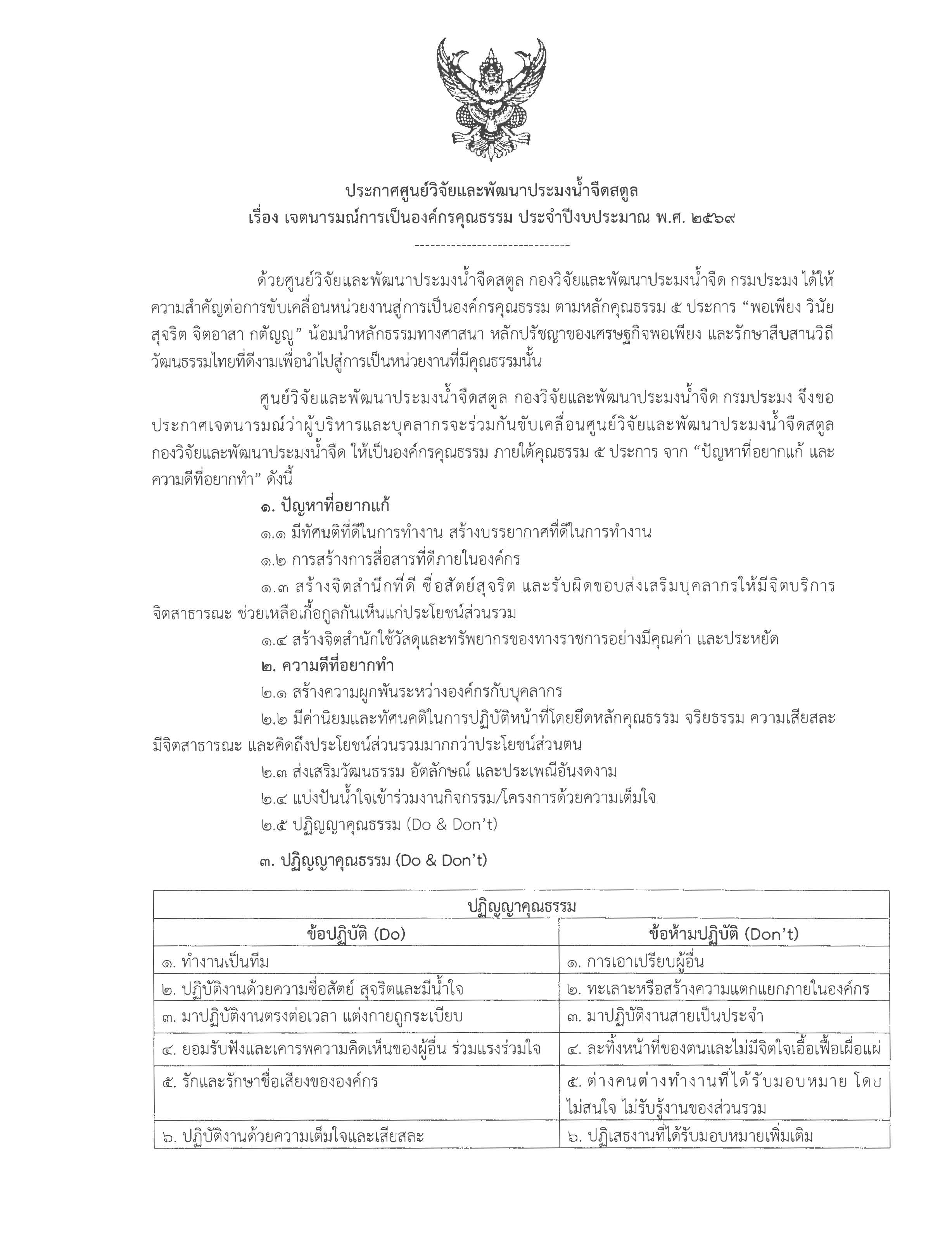 การประกาศเจตนารมณ์การเป็นองค์กรคุณธรรม ประจำปีงบประมาณ พ.ศ. 2569..คลิก