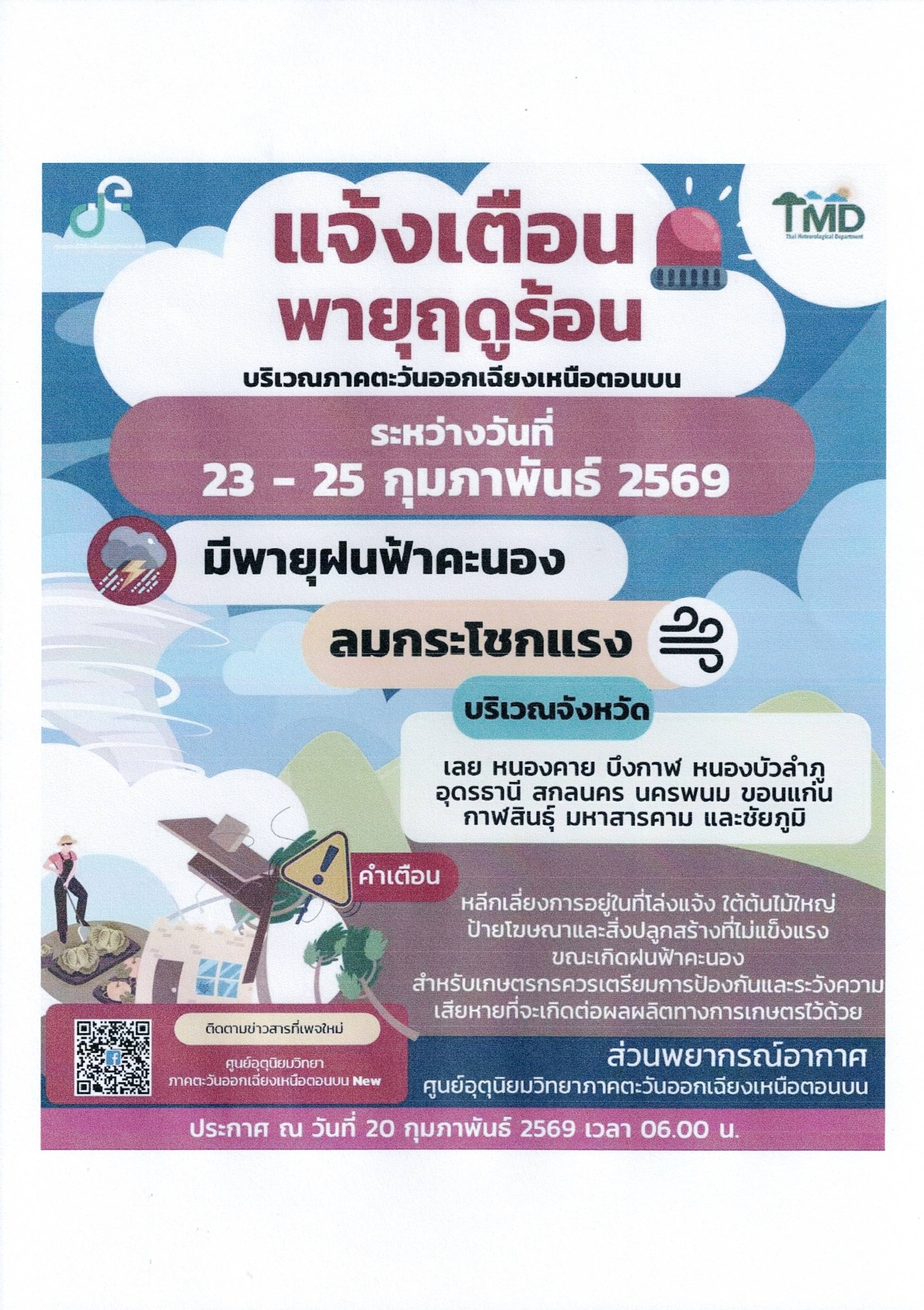 ศูนย์อุตุนิยมวิทยาภาคตะวันออกเฉียงเหนือตอนบน เตือนพายุฤดูร้อน 23–25 กุมภาพันธ์ 2569