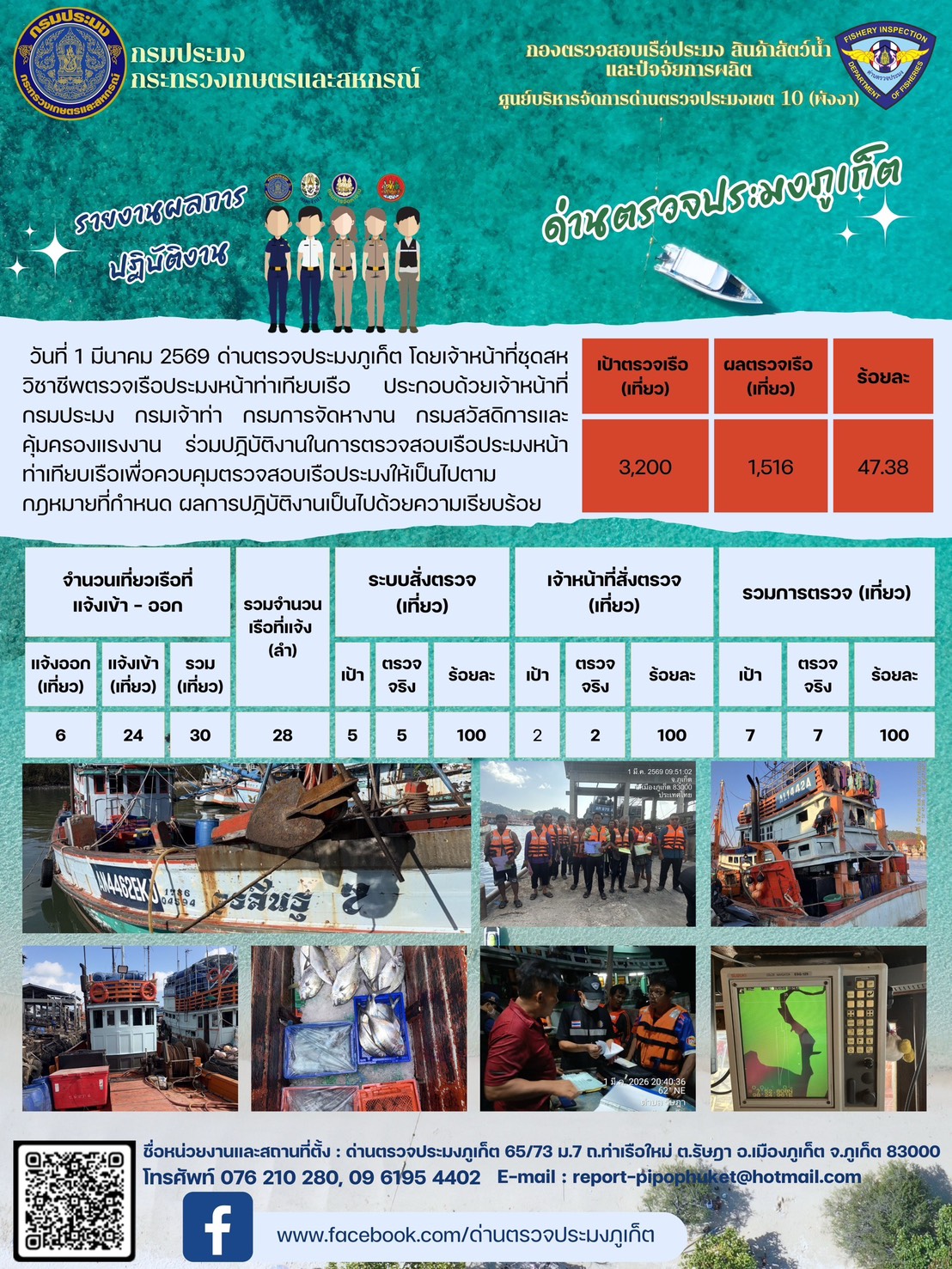ข่าวประชาสัมพันธ์กิจกรรมการตรวจเรือประมงพาณิชย์แจ้งเข้า - ออก วันที่  01 มีนาคม 2569..คลิก