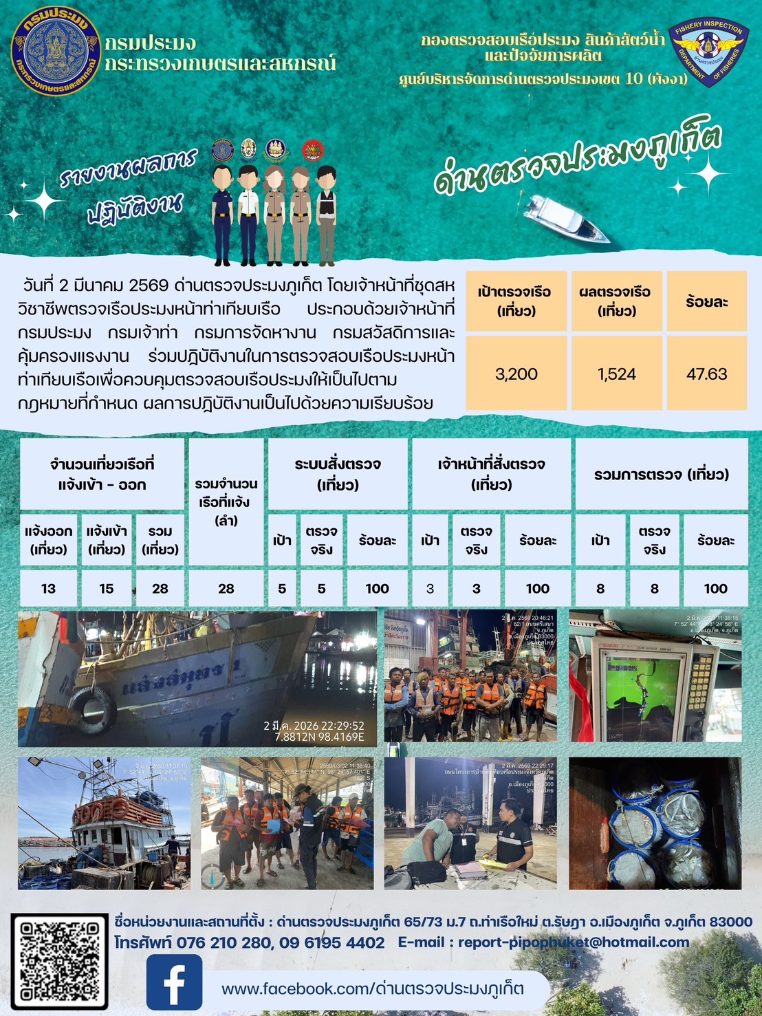 ข่าวประชาสัมพันธ์กิจกรรมการตรวจเรือประมงพาณิชย์แจ้งเข้า - ออก วันที่  02 มีนาคม 2569..คลิก