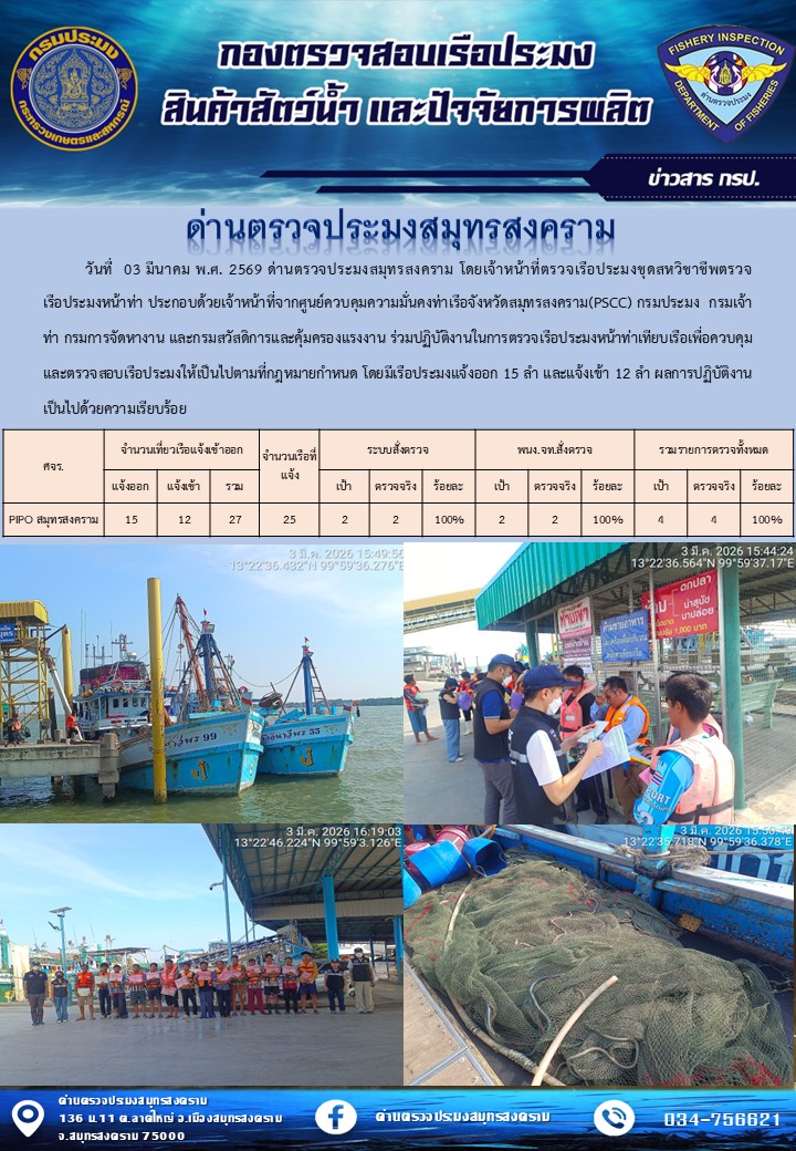 สถิติการแจ้งเข้า - ออกเรือประมงพาณิชย์ ด่านตรวจประมงสมุทรสงคราม ประจำวันที่ 3 มีนาคม 2569