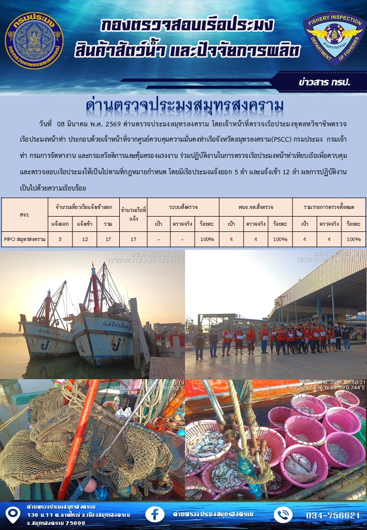 สถิติการแจ้งเข้า - ออกเรือประมงพาณิชย์ ด่านตรวจประมงสมุทรสงคราม ประจำวันที่ 8 มีนาคม 2569