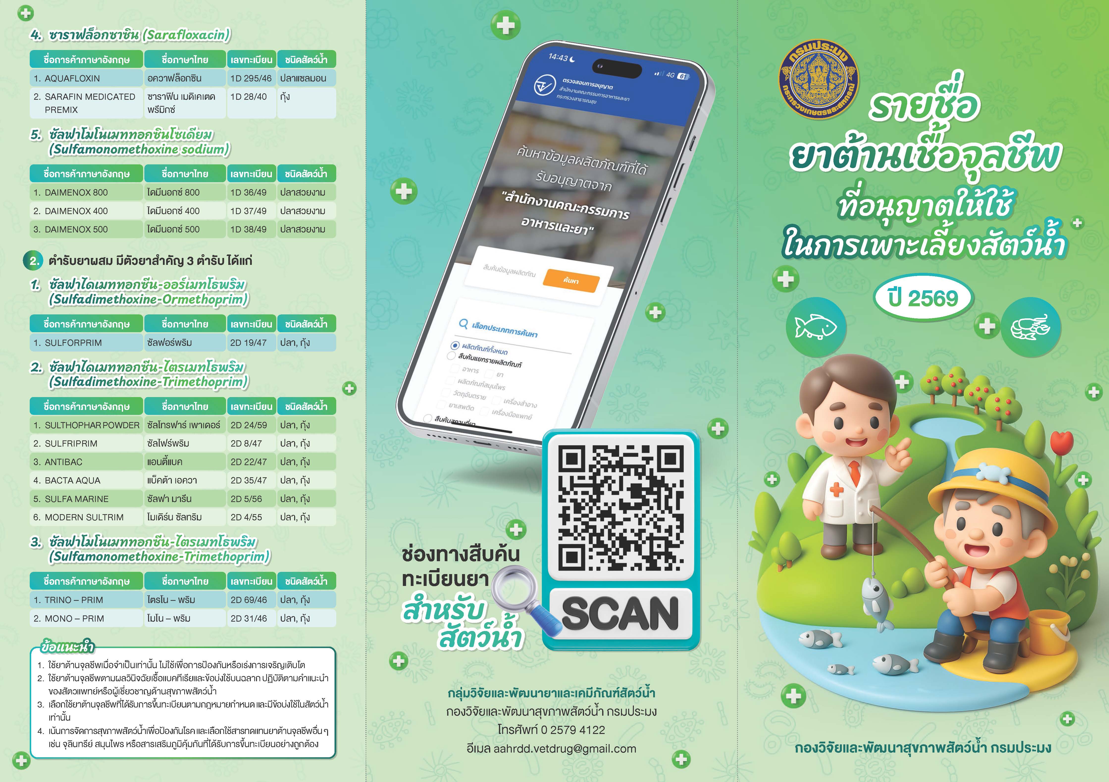 รายชื่อยาต้านจุลชีพที่อนุญาตให้ใช้ในการเพาะเลี้ยงสัตว์น้ำ ปี 2569