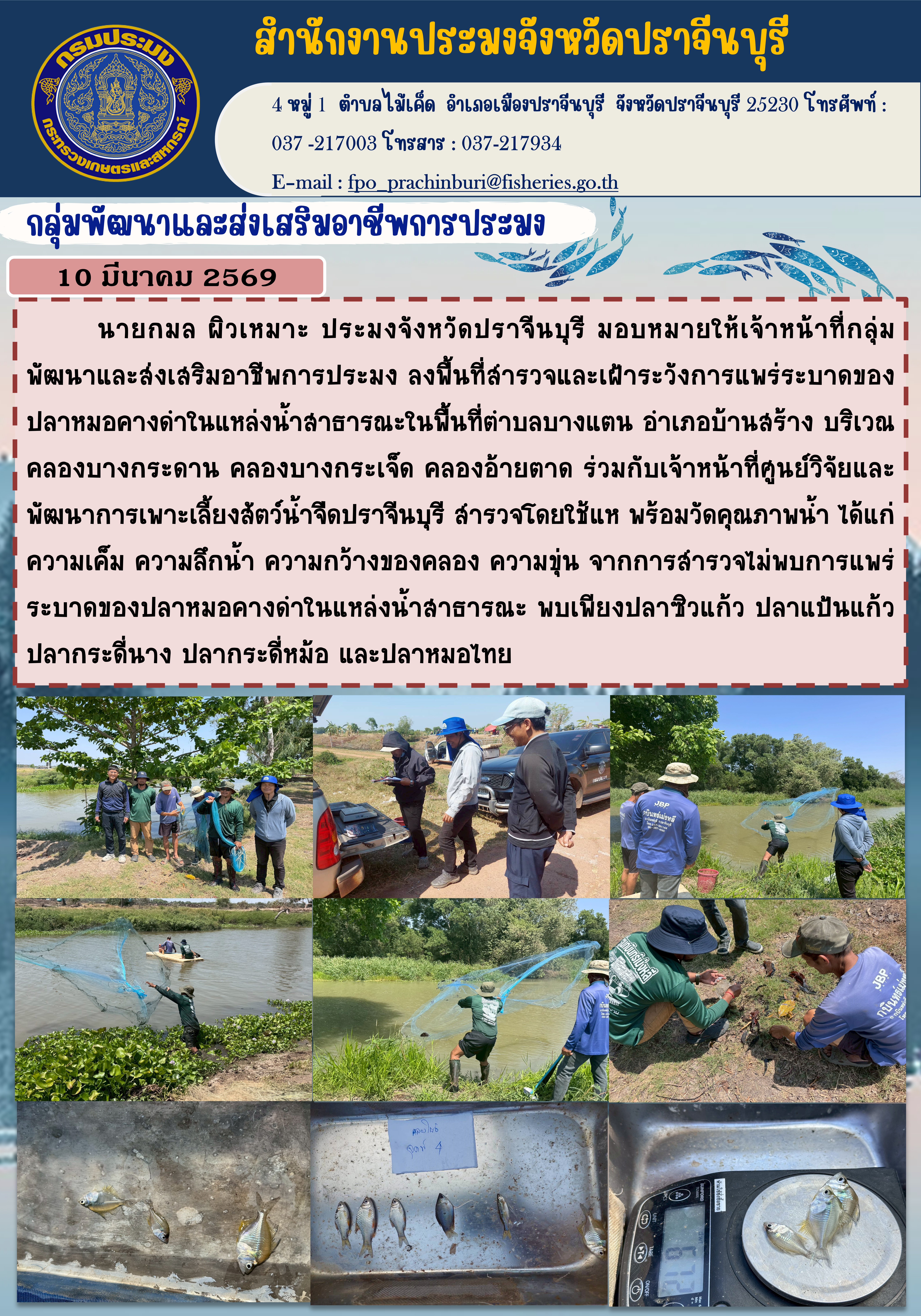 ข่าวประชาสัมพันธ์ กลุ่มพัฒนาและส่งเสริมอาชีพการประมง ลงพื้นที่สารวจและเฝ้าระวังการแพร่ระบาดของ 1 ปลาหมอคางดำในแหล่งน้ำสาธารณะในพื้นที่ตำาบลบางแตน