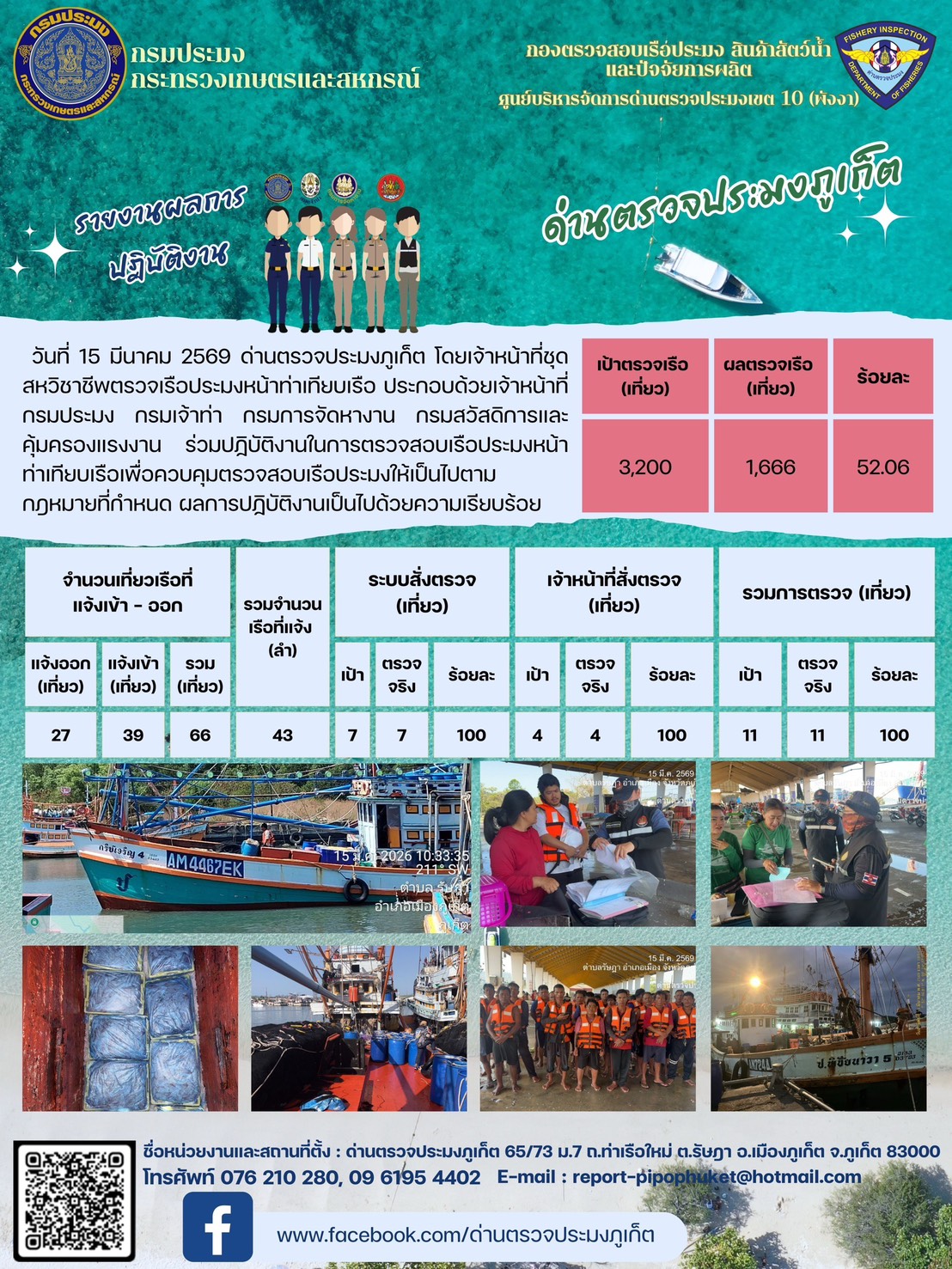 ข่าวประชาสัมพันธ์กิจกรรมการตรวจเรือประมงพาณิชย์แจ้งเข้า - ออก วันที่ 15 มีนาคม 2569