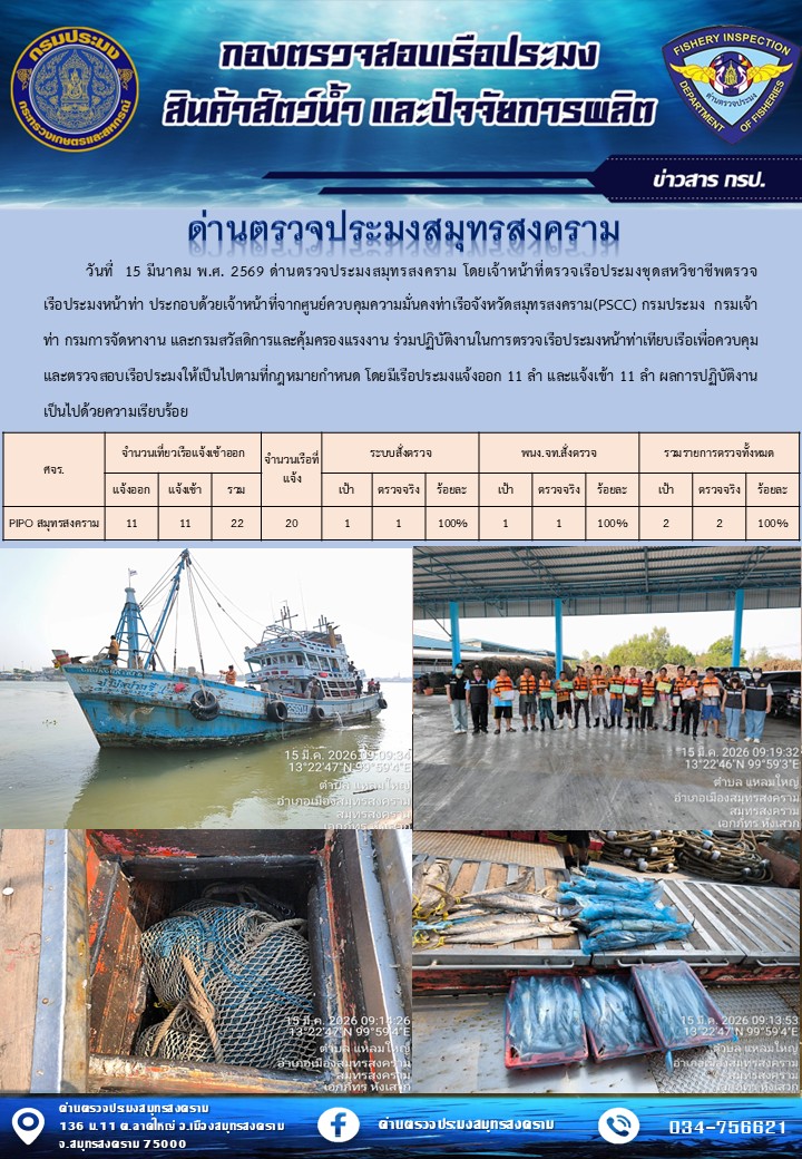 สถิติการแจ้งเข้า - ออกเรือประมงพาณิชย์ ด่านตรวจประมงสมุทรสงคราม ประจำวันที่ 15 มีนาคม 2569