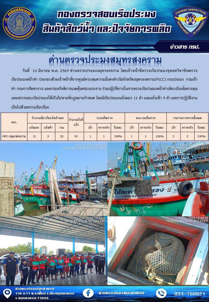สถิติการแจ้งเข้า - ออกเรือประมงพาณิชย์ ด่านตรวจประมงสมุทรสงคราม ประจำวันที่ 16 มีนาคม 2569
