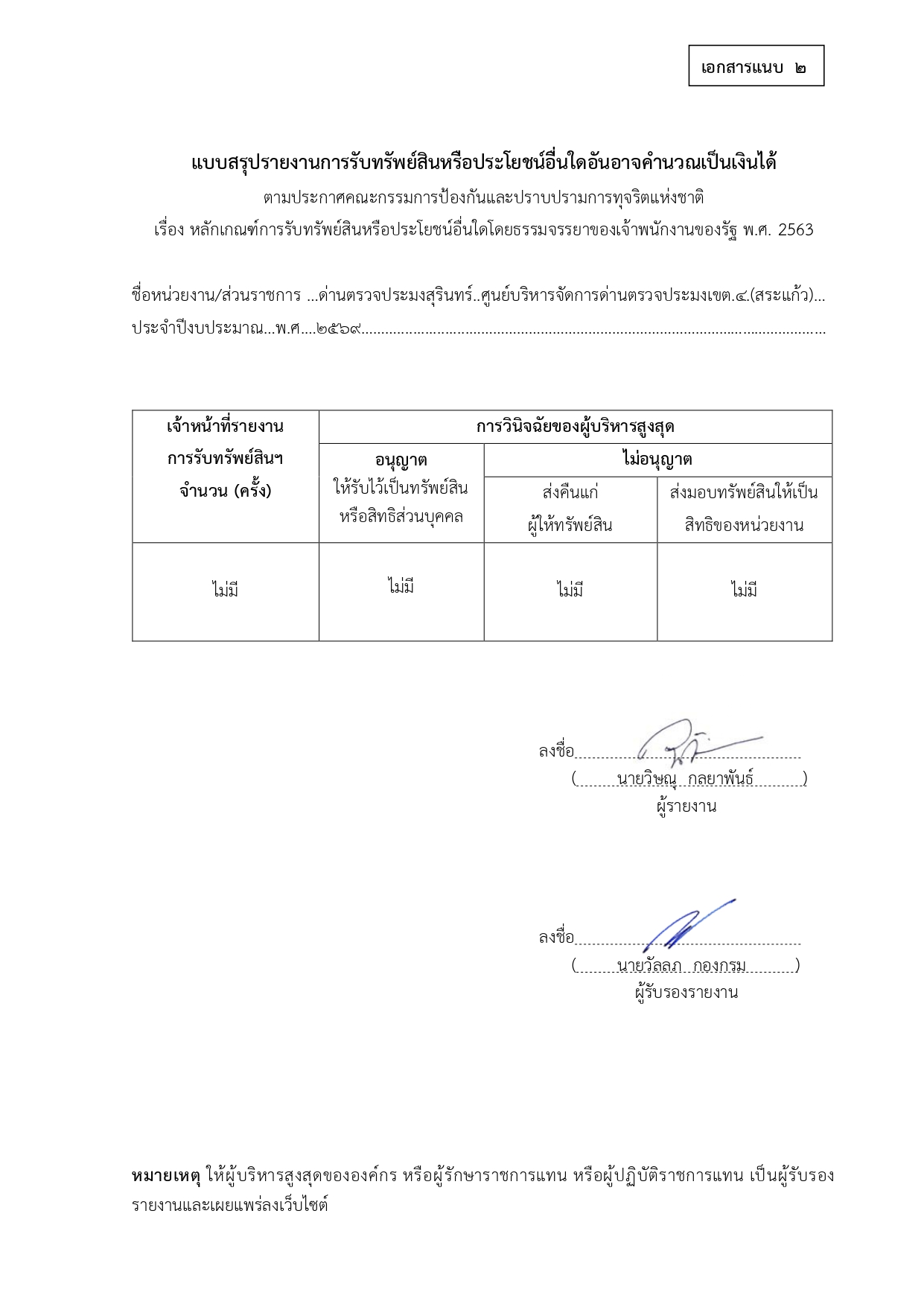 แบบสรุปรายงานการรับทรัพย์สินหรือประโยชน์อื่นใดอันอาจคำนวณเป็นเงินได้