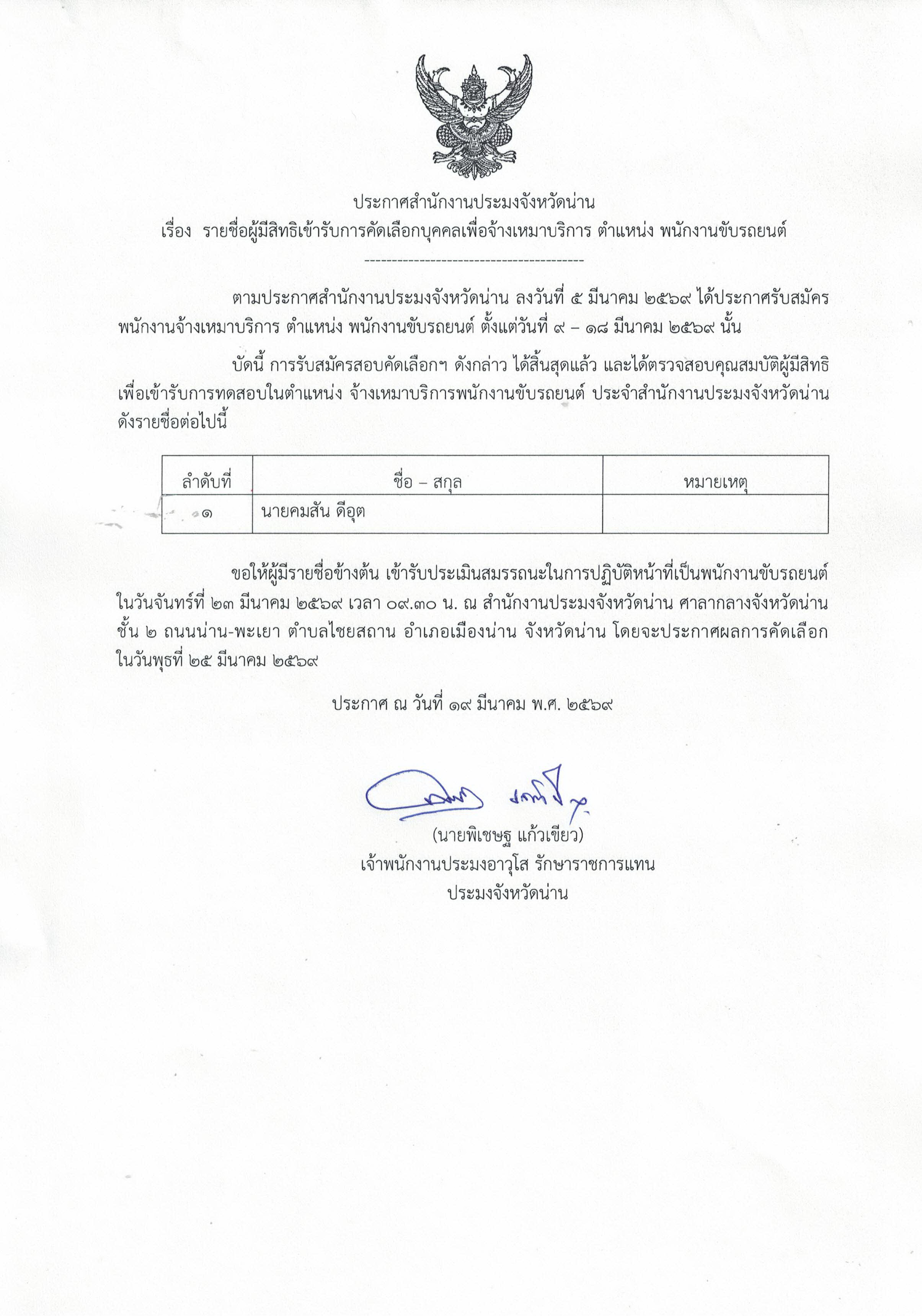 ประกาศ สำนักงานประมงจังหวัดน่าน รายชื่อผู้มีสิทธิเข้ารับการคัดเลือกบุคคลเพื่อจ้างเหมาบริการ ตำแหน่ง พนักงานขับรถยนต์