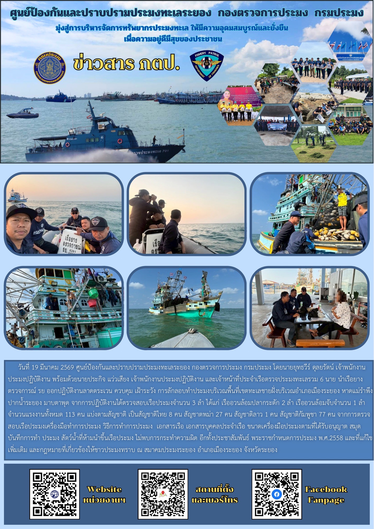 ออกปฏิบัติงานควบคุมเฝ้าระวังการทำประมงพื้นที่ทะเลชายฝั่ง..คลิก