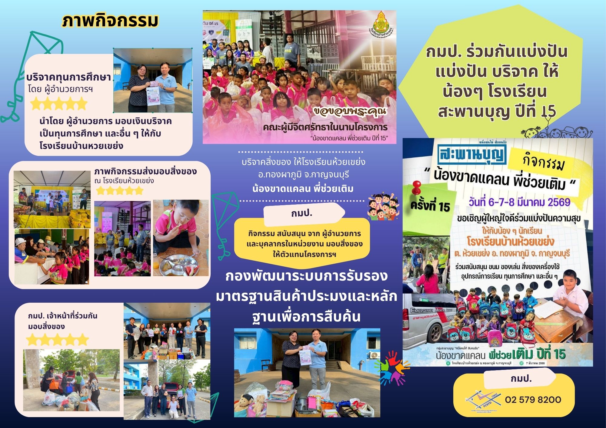 กมป. สร้างจิตสำนึกและมีน้ำใจบริจาค แบ่งปันอาหาร สิ่งของเครื่องใช้ หรือบริจาคเงินผ่านช่องทางที่น่าเชื่อถือ ให้กับน้องๆนักเรียน บ้านห้วยเขย่ง จ.กาญจนบุรี  โครงการสะพานบุญ ปีที่ 15  น้องขาดแคลน พี่ช่วยเติม..คลิก