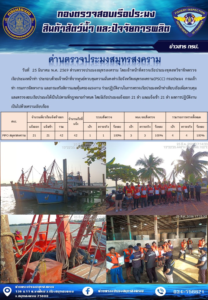 สถิติการแจ้งเข้า - ออกเรือประมงพาณิชย์ ด่านตรวจประมงสมุทรสงคราม ประจำวันที่ 25 มีนาคม 2569..คลิก