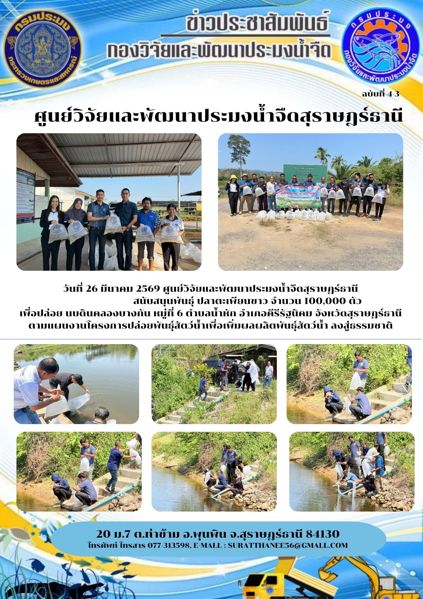 วันที่ 26 มีนาคม 2569 ศูนย์วิจัยและพัฒนาประมงน้ำจืดสุราษฎร์ธานี                                                    สนับสนุนพันธุ์ ปลาตะเพียนขาว จำนวน 100,000 ตัว เพื่อปล่อย นบดินคลองบางกัน หมู่ที่ 6 ตำบลน้ำหัก อำเภอคีรีรัฐนิคม จังหวัดสุราษฎร์ธานี ตามแผนงานโครงการปล่อยพันธุ์สัตว์น้ำเพื่อเพิ่มผลผลิตพันธุ์สัตว์น้ำ ลงสู่ธรรมชาติ