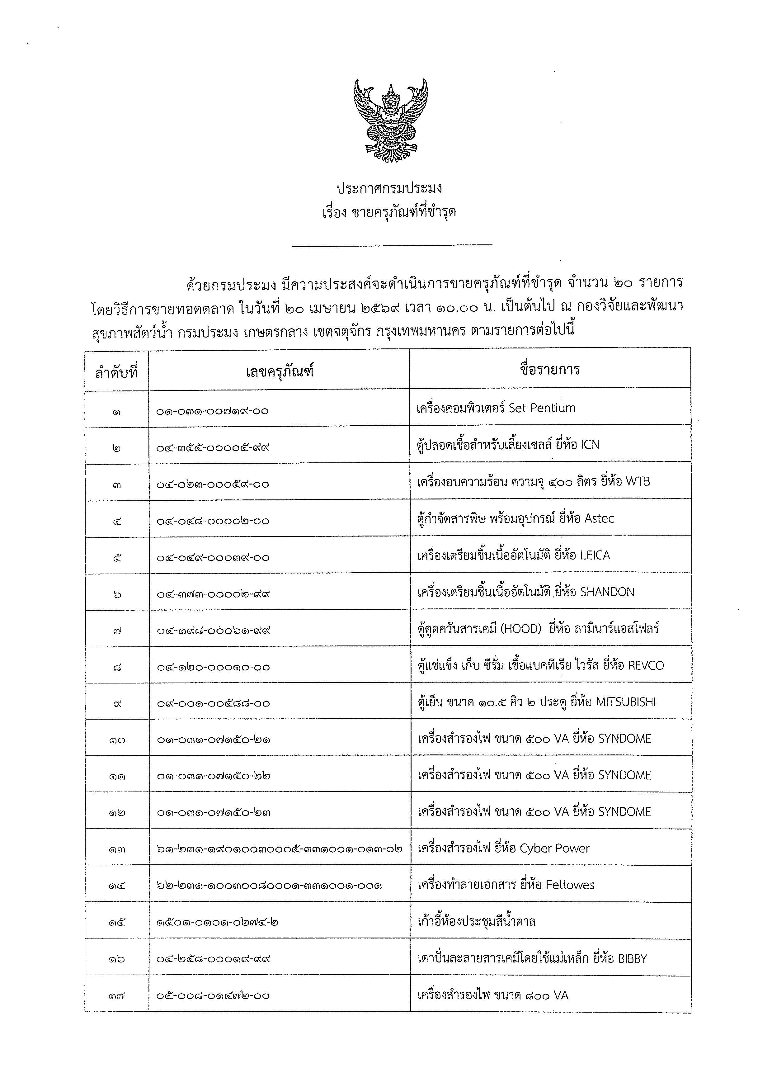 ประกาศกรมประมง เรื่อง ขายครุภัณฑ์ที่ชำรุด
