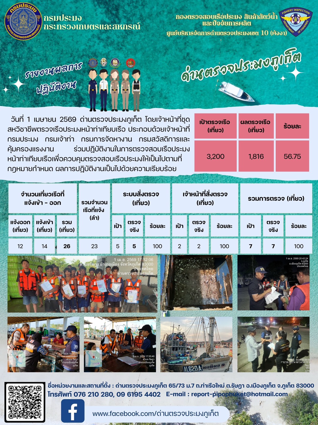 ข่าวประชาสัมพันธ์กิจกรรมการตรวจเรือประมงพาณิชย์แจ้งเข้า - ออก วันที่ 01 เมษายน  2569..คลิก