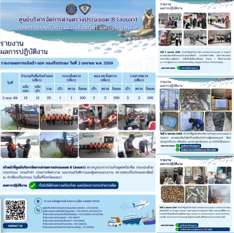 ผลการปฏิบัติงานศูนย์บริหารจัดการด่านตรวจประมงเขต 8 (สงขลา) ประจำวันที่ 3 เมษายน 2569