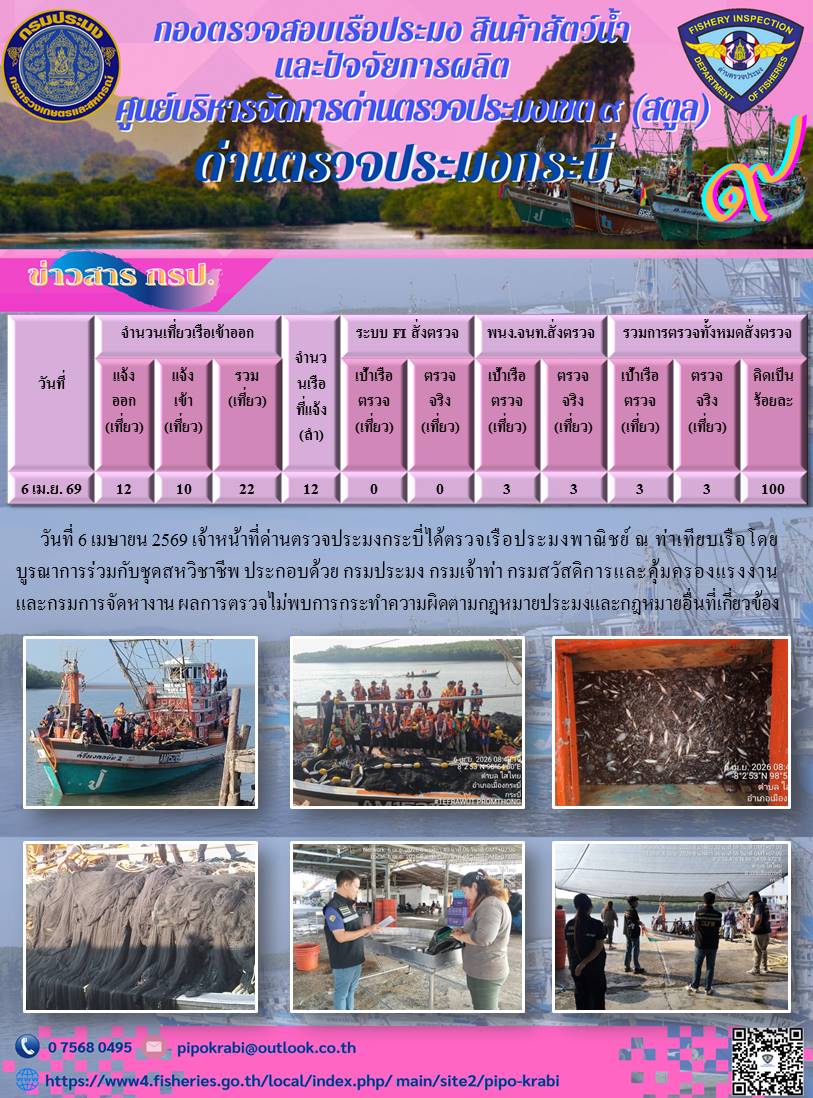 ผลตรวจเรือวันที่ 6-8 เมษายน 2569..คลิก